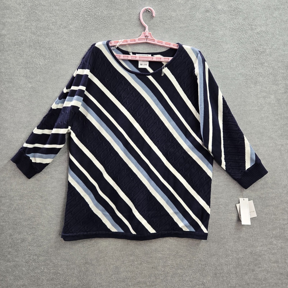 Liz‎ Claiborne Women Sweater 1X Blue Navy Pearl Multi Striped Knit Cable NWT